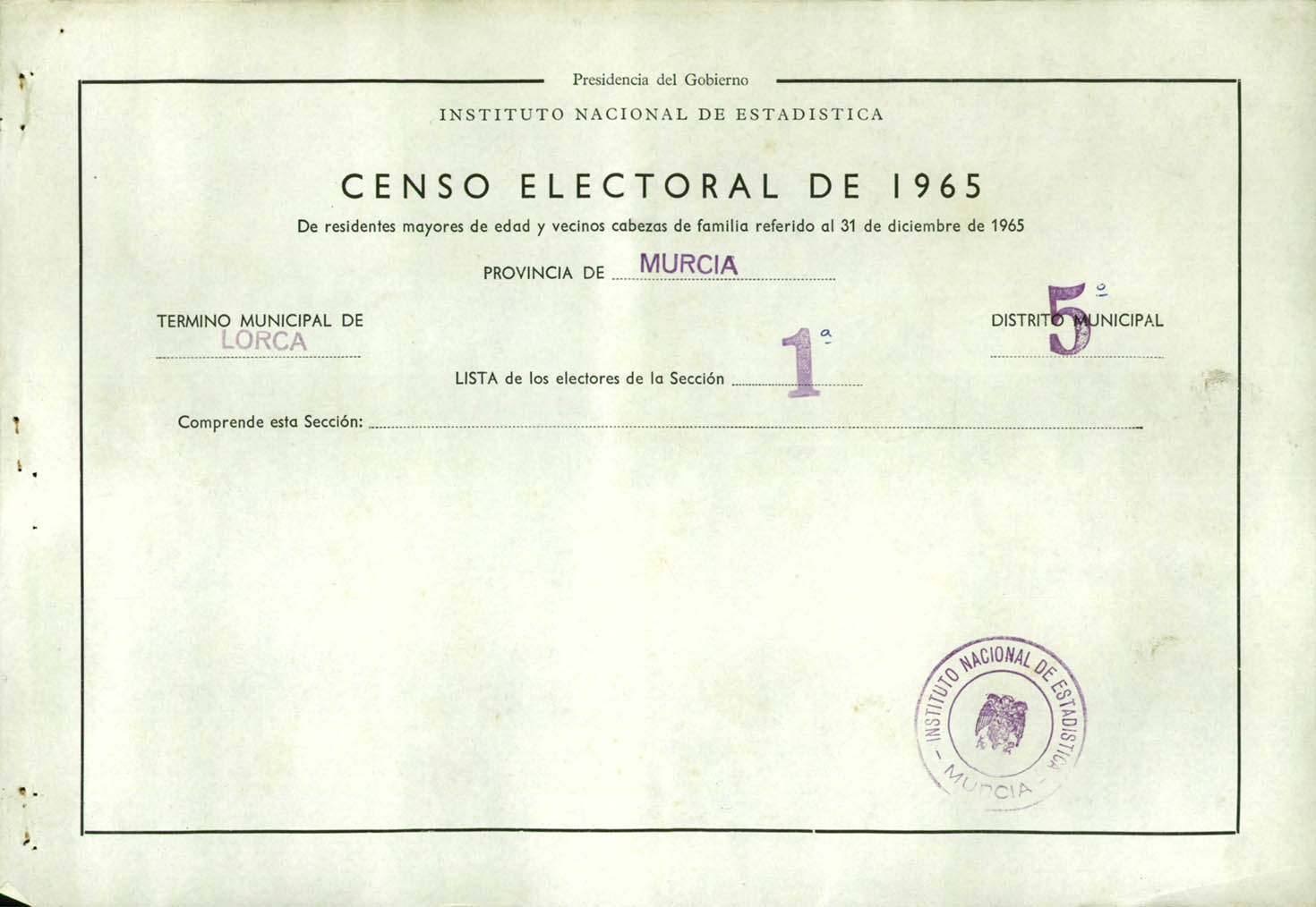 Censo electoral provincial de 1965: listas definitivas de Lorca, Distrito 5º, sección 1ª.